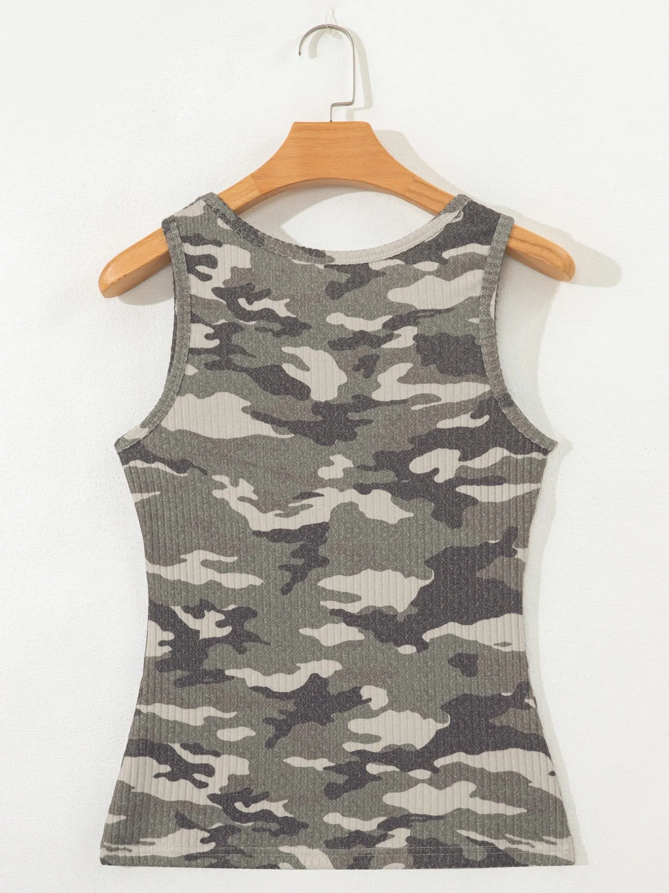 Camouflage Print Ribbed Knit Round Neck Tank Top sold by Charming Charlie product image thumbnail 4