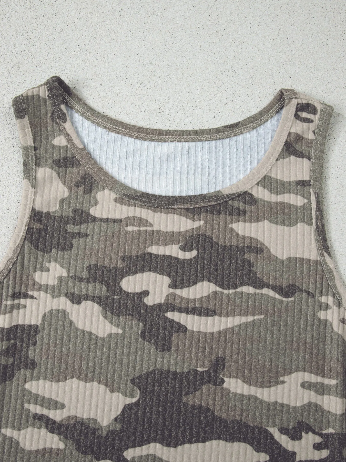 Camouflage Print Ribbed Knit Round Neck Tank Top sold by Charming Charlie product image thumbnail 5