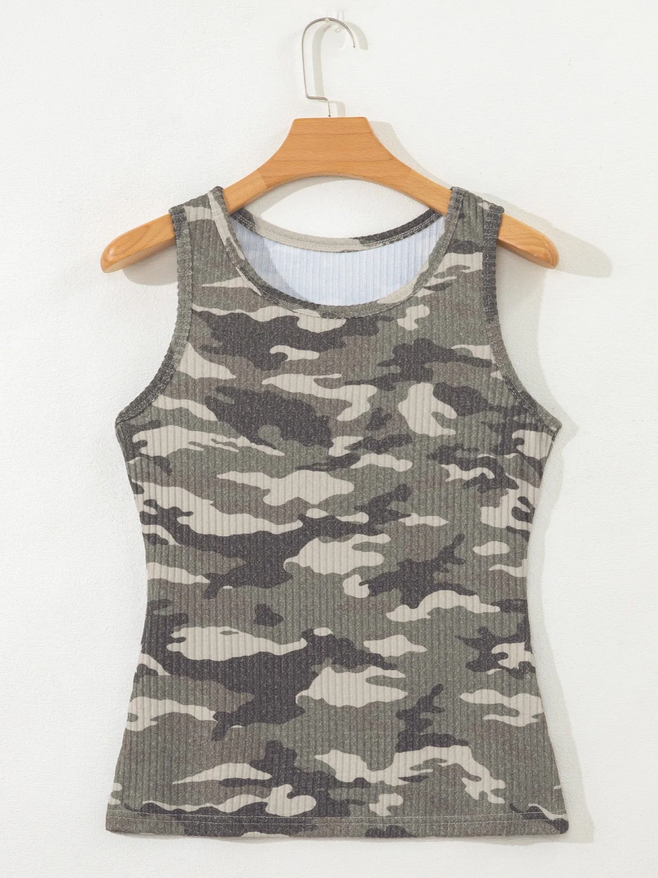 Camouflage Print Ribbed Knit Round Neck Tank Top sold by Charming Charlie product image thumbnail 3