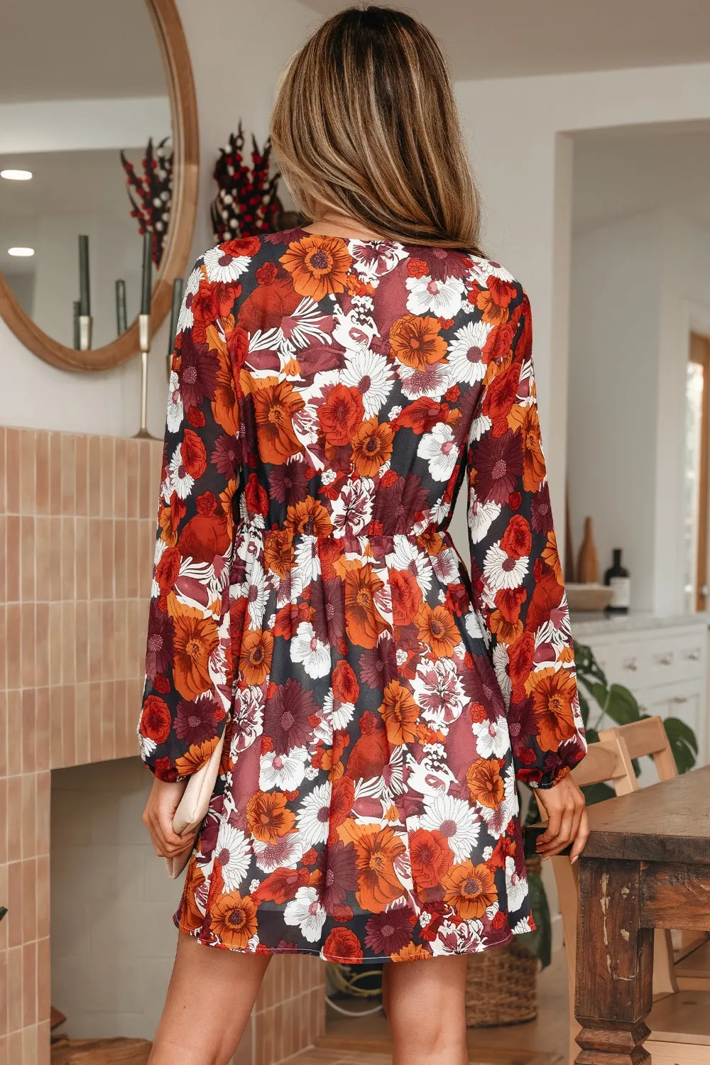Floral Print Wrap V Neck Puff Sleeve Flowy Mini Dress sold by Charming Charlie product image thumbnail 2