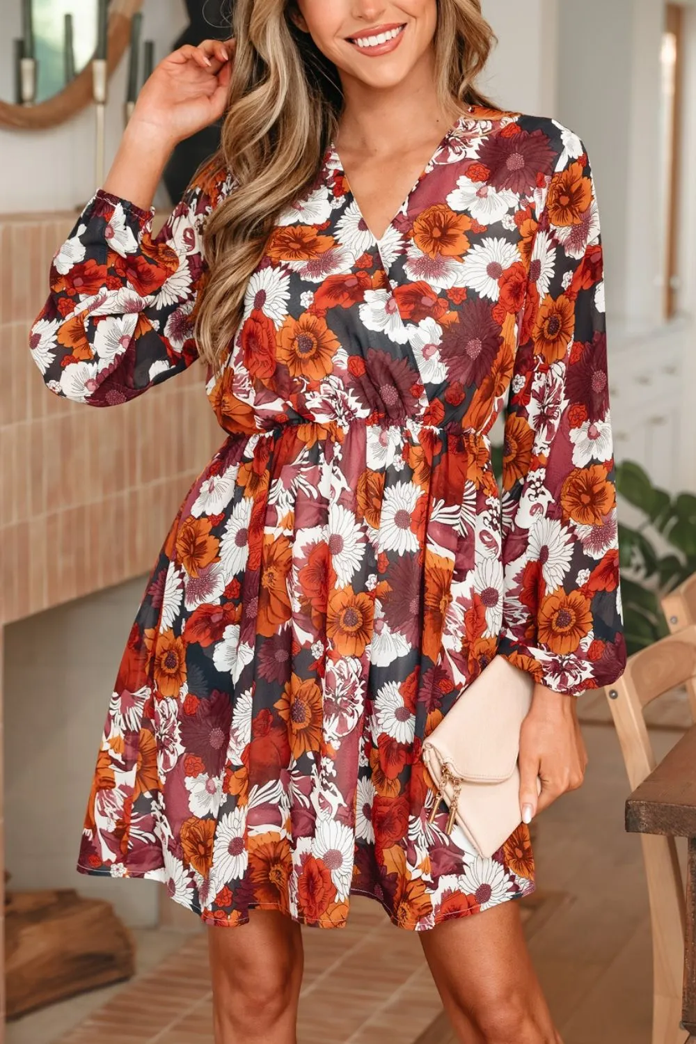 Floral Print Wrap V Neck Puff Sleeve Flowy Mini Dress sold by Charming Charlie product image thumbnail 3