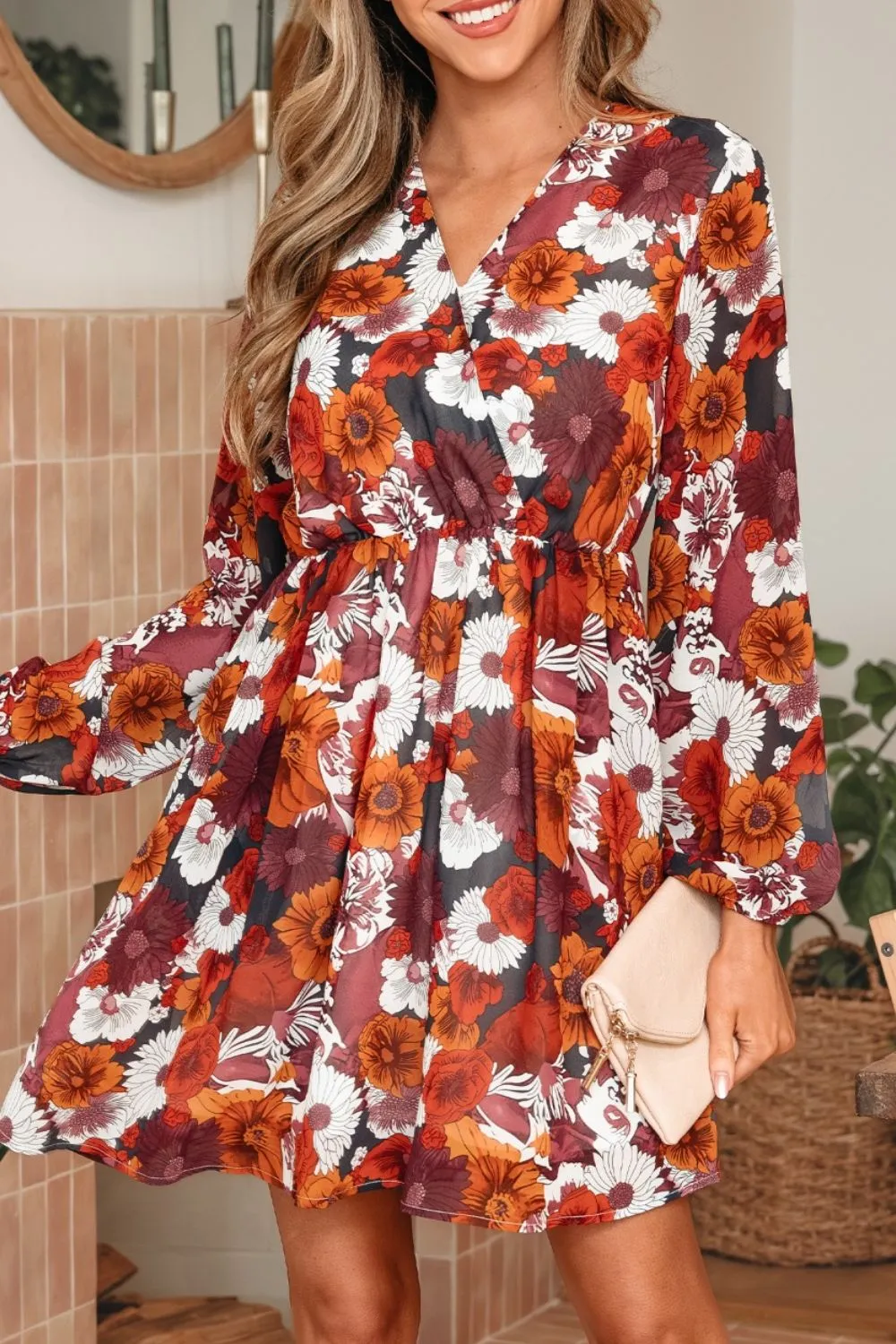Floral Print Wrap V Neck Puff Sleeve Flowy Mini Dress sold by Charming Charlie product image thumbnail 4