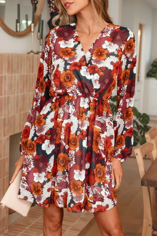 Floral Print Wrap V Neck Puff Sleeve Flowy Mini Dress made by Trendsi