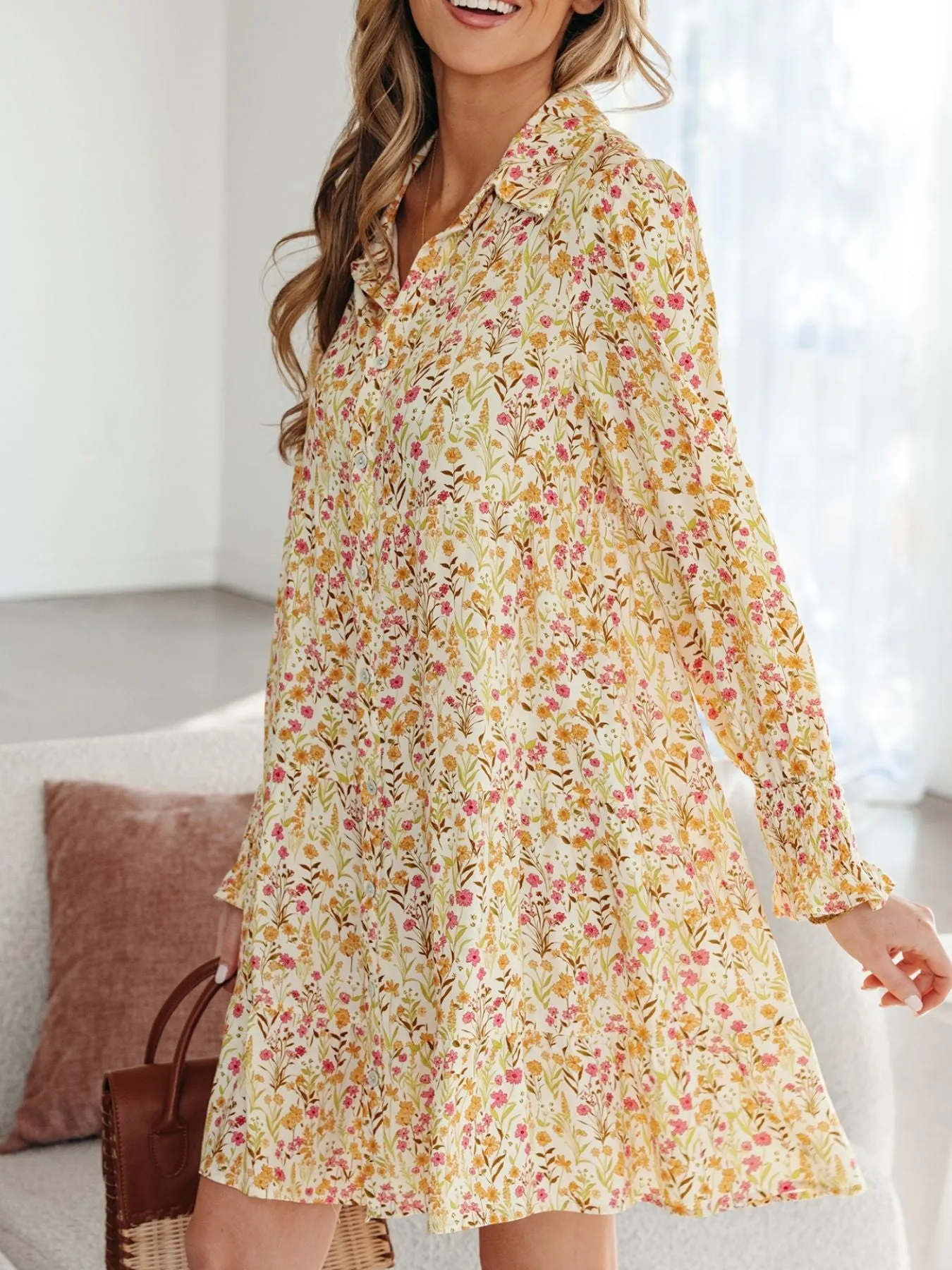Floral Print Frilly Trim Smocked Cuff Long Sleeve Loose Shirt Dress sold by Charming Charlie product image thumbnail 5