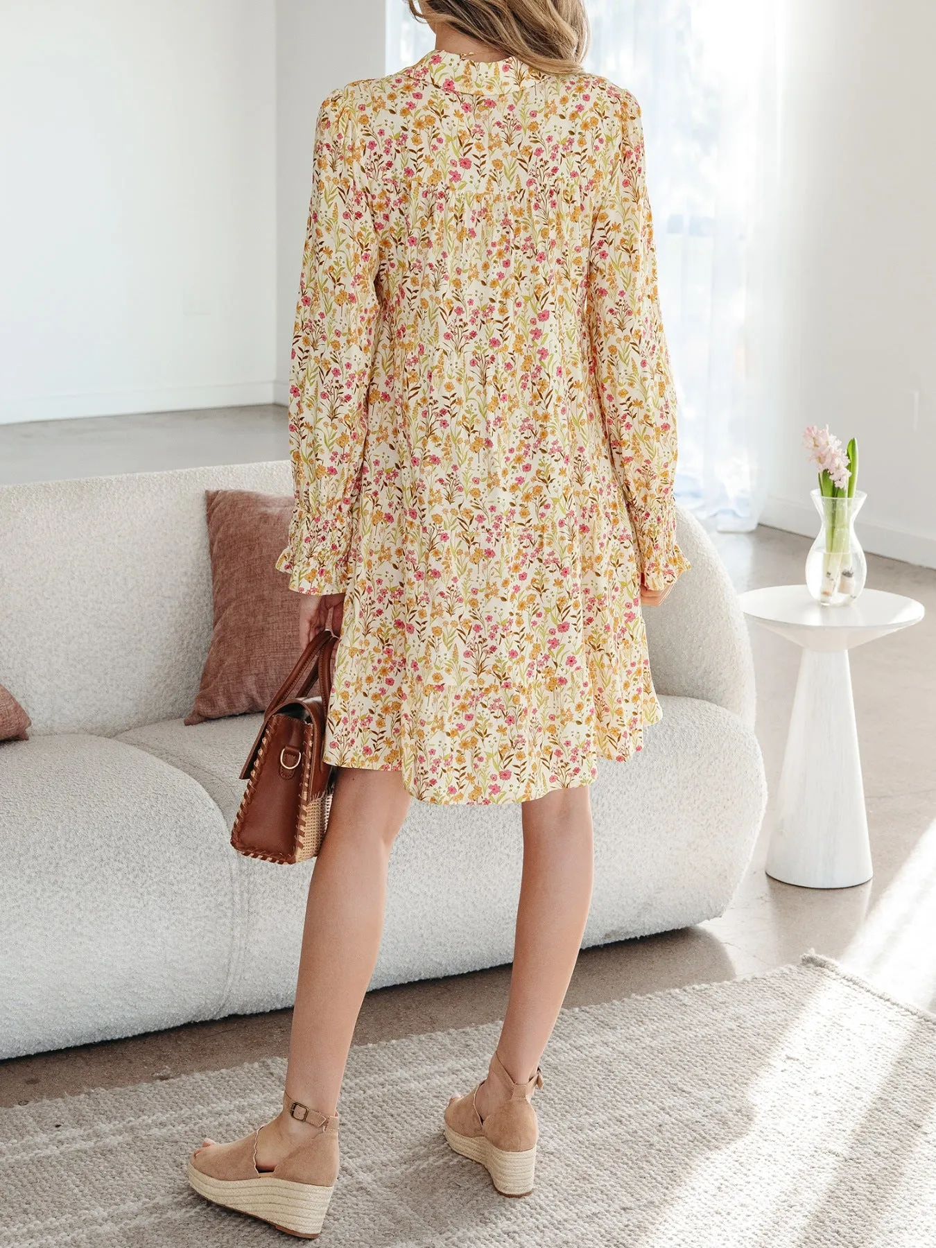 Floral Print Frilly Trim Smocked Cuff Long Sleeve Loose Shirt Dress sold by Charming Charlie product image thumbnail 2