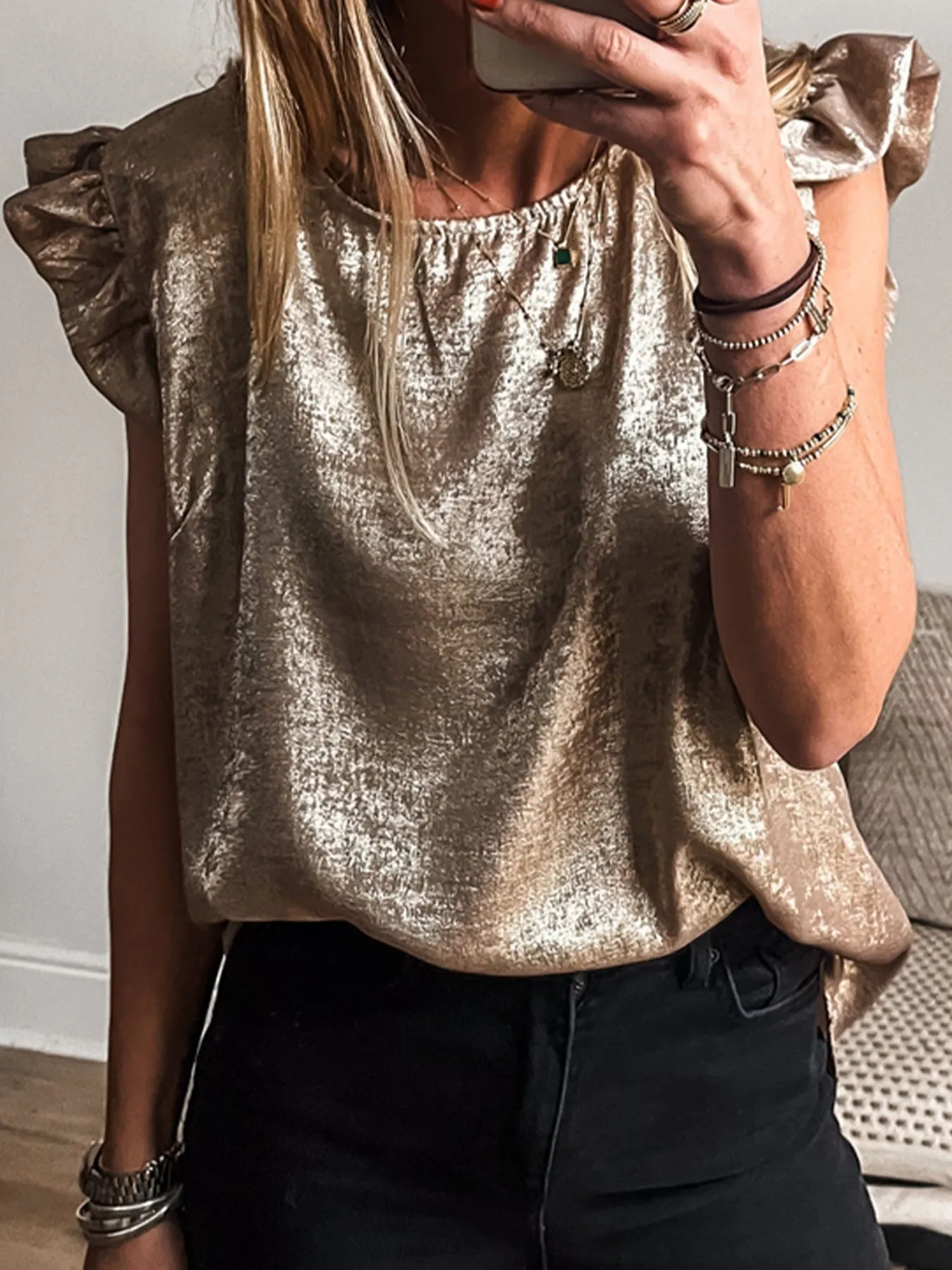 Ruffled Round Neck Tank sold by Charming Charlie