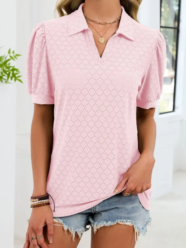 Eyelet Johnny Collar Puff Sleeve Top made by Trendsi