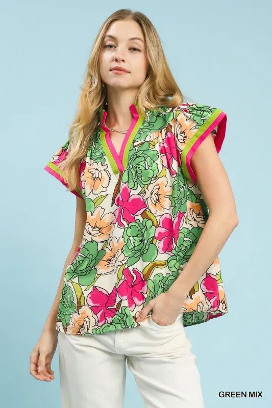 Umgee Floral Print Blouse with Contrast Trim made by Trendsi