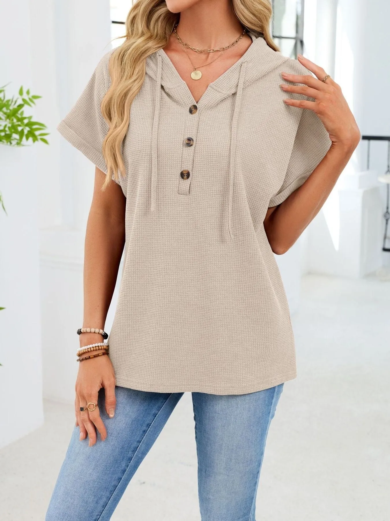 Casual Waffle Knit Button Detail Hooded Top sold by Charming Charlie product image thumbnail 2