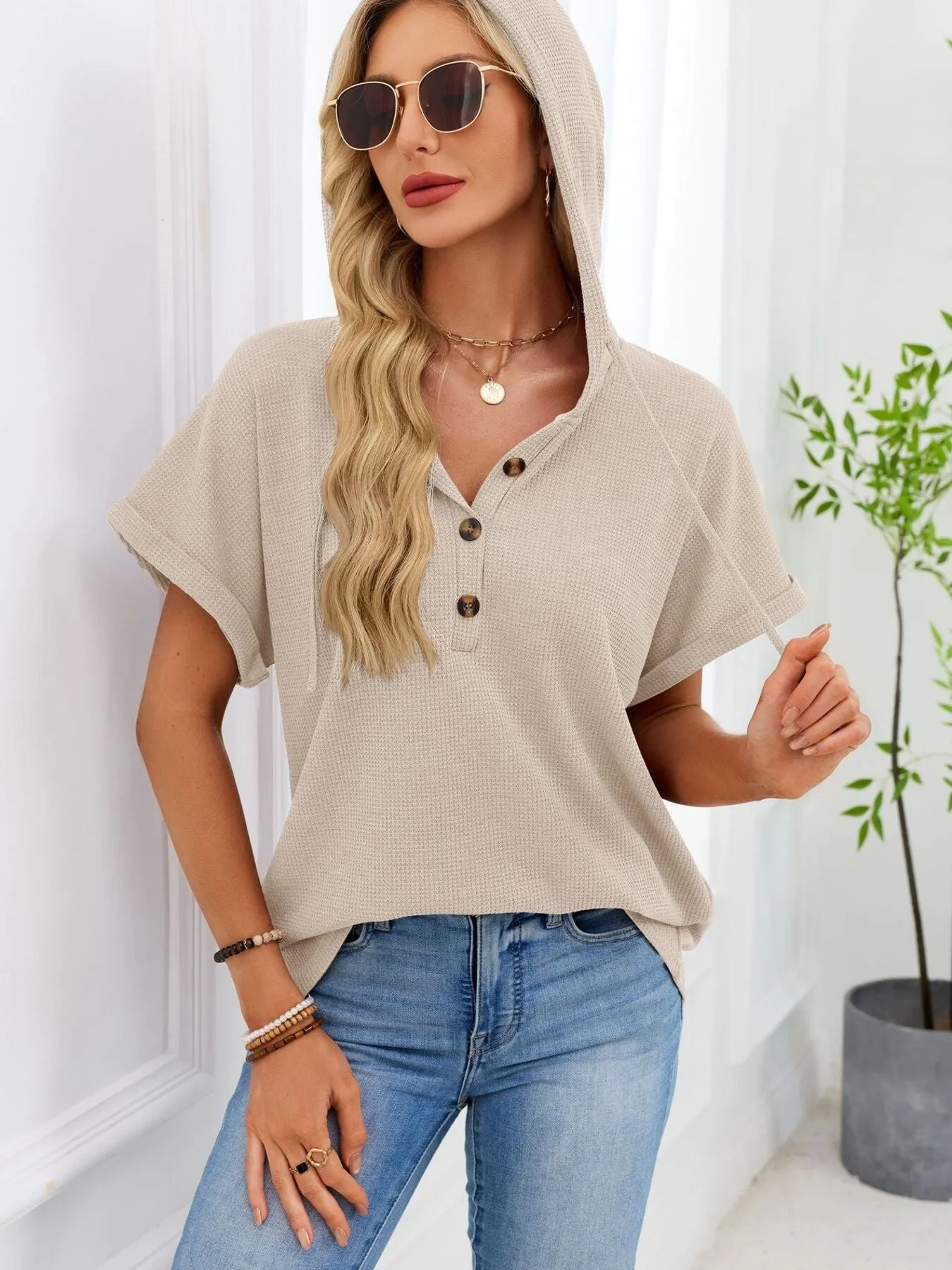 Casual Waffle Knit Button Detail Hooded Top sold by Charming Charlie product image thumbnail 4