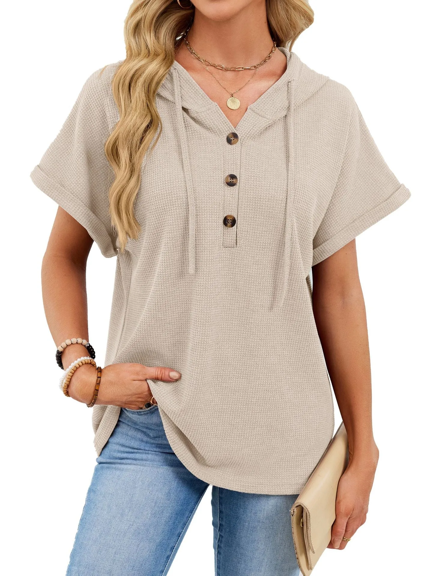 Casual Waffle Knit Button Detail Hooded Top sold by Charming Charlie