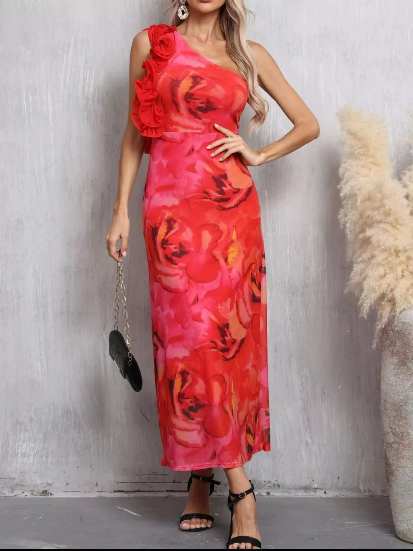 Floral Print One Shoulder Ruffle Trim Dress sold by Charming Charlie