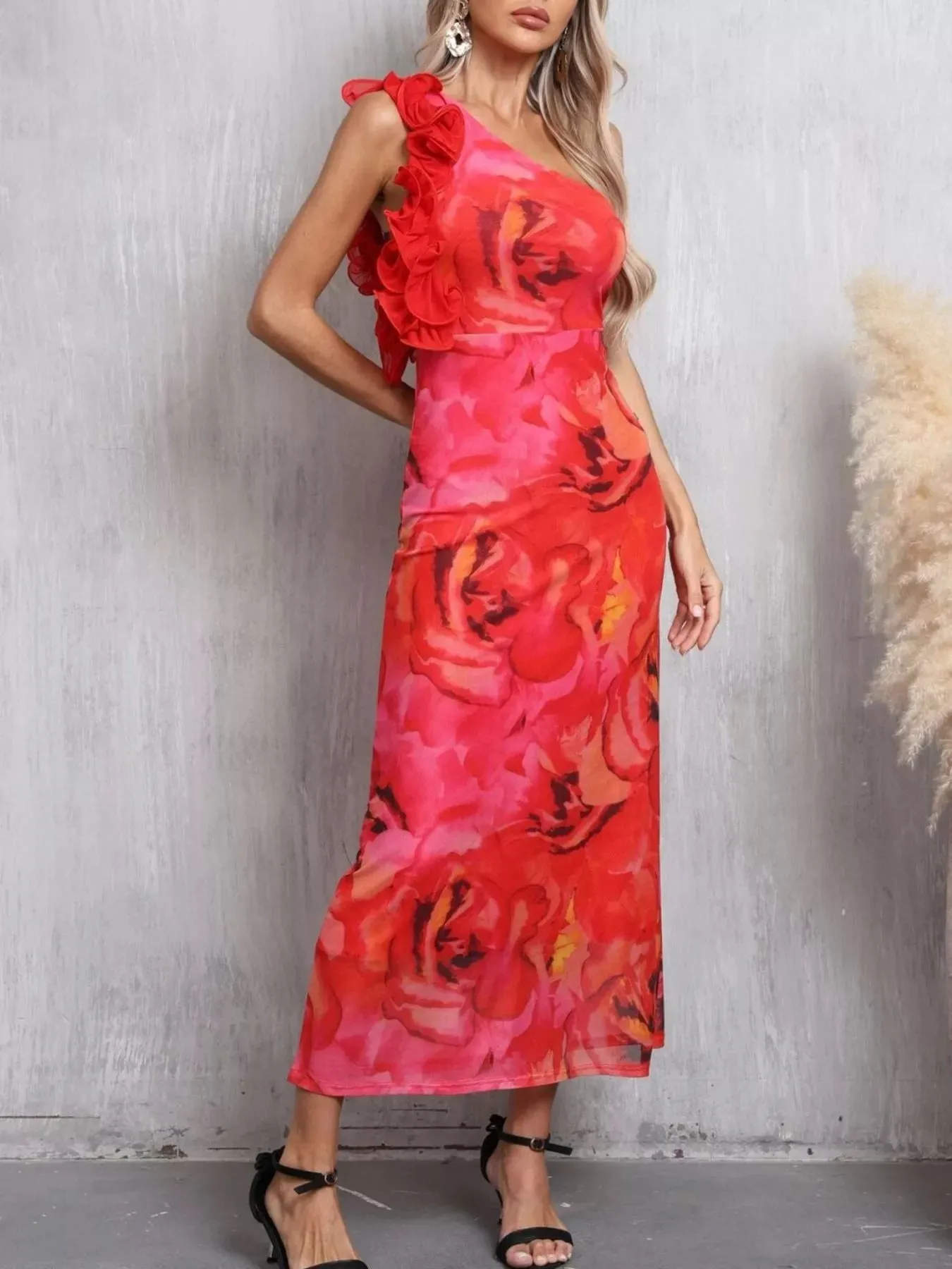 Floral Print One Shoulder Ruffle Trim Dress sold by Charming Charlie product image thumbnail 2