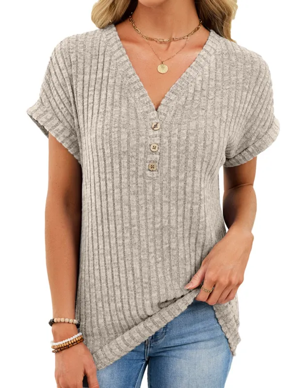 Ribbed Knit V-Neck T-Shirt made by Trendsi