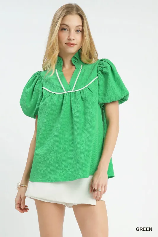 Umgee Textured Puff Sleeve Blouse made by Trendsi