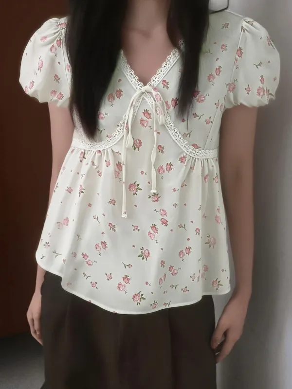 Lace Detail Short Sleeve Blouse made by Trendsi