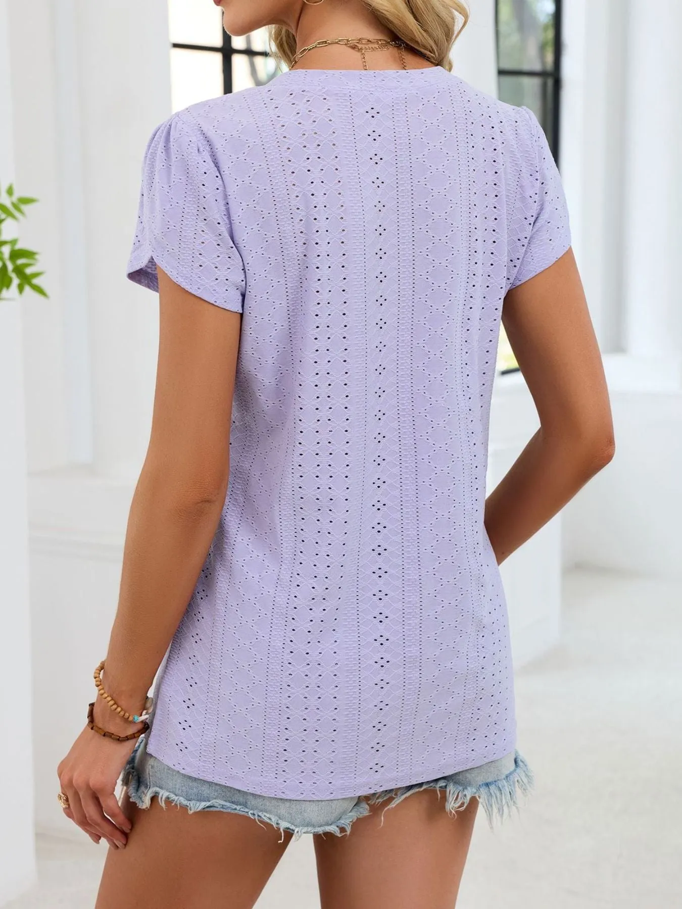 Eyelet Petal Sleeve V-Neck T-Shirt sold by Charming Charlie product image thumbnail 5