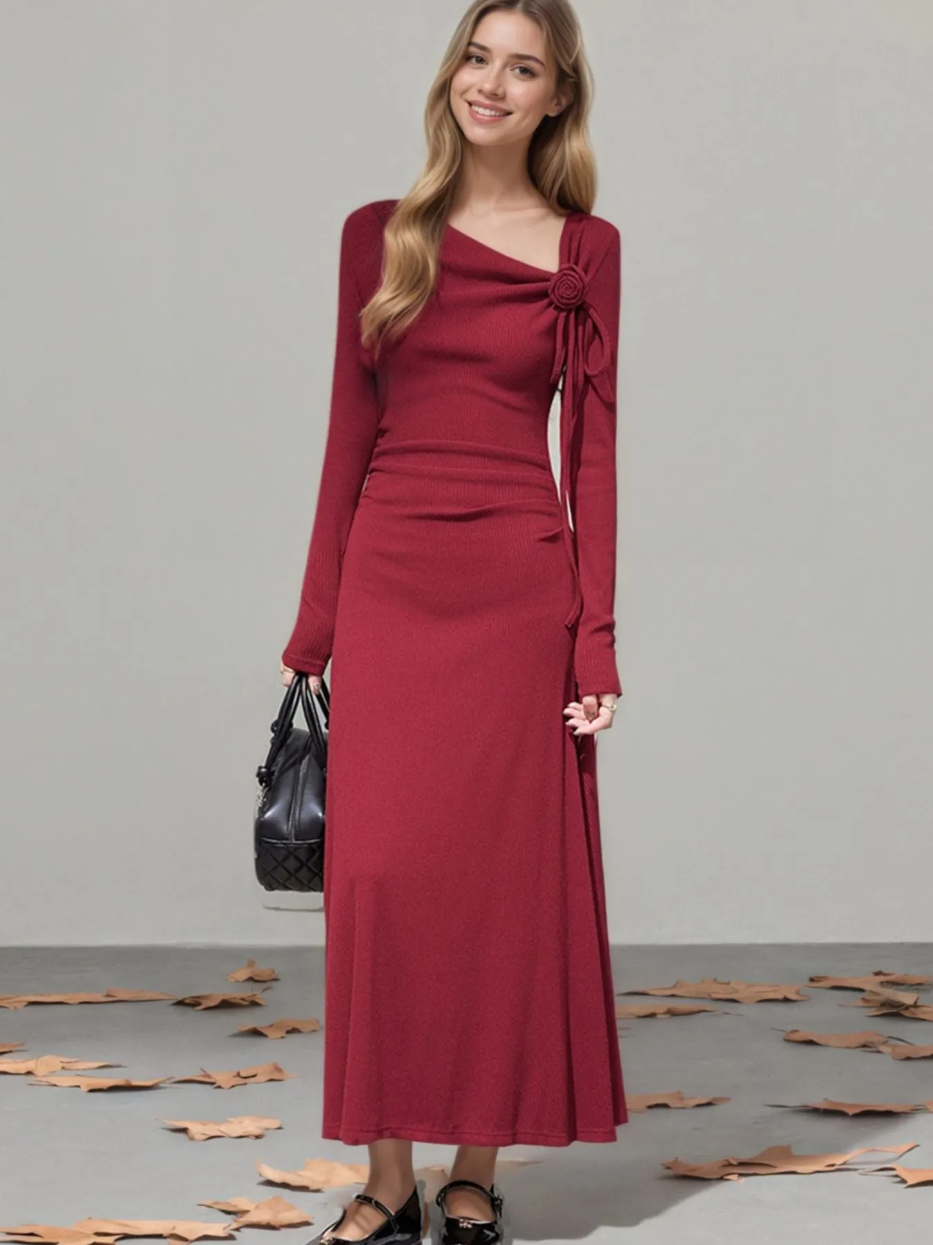 Flower Asymmetrical Neckline Long Sleeve Dress sold by Charming Charlie product image thumbnail 4