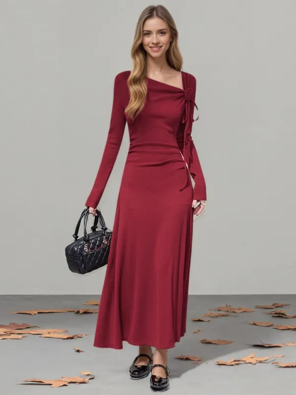 Flower Asymmetrical Neckline Long Sleeve Dress made by Trendsi