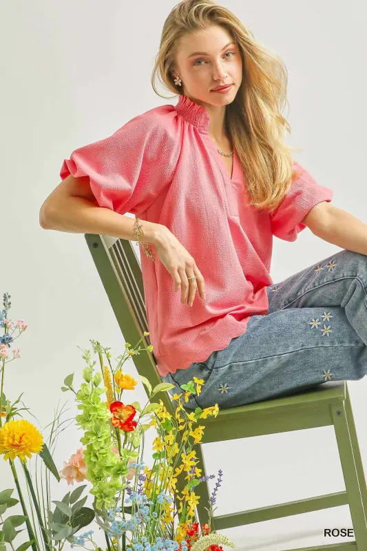 Umgee Scalloped Hem Textured Blouse made by Trendsi