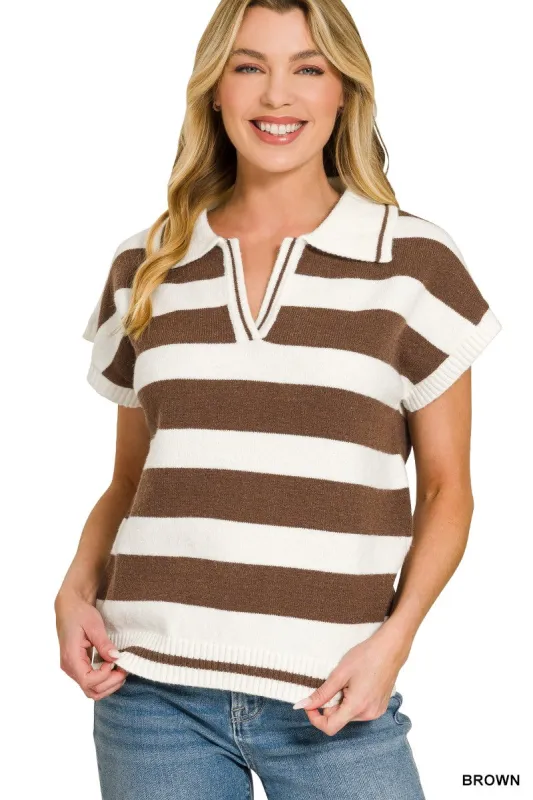 Zenana Striped Collared Short Sleeve Sweater made by Trendsi