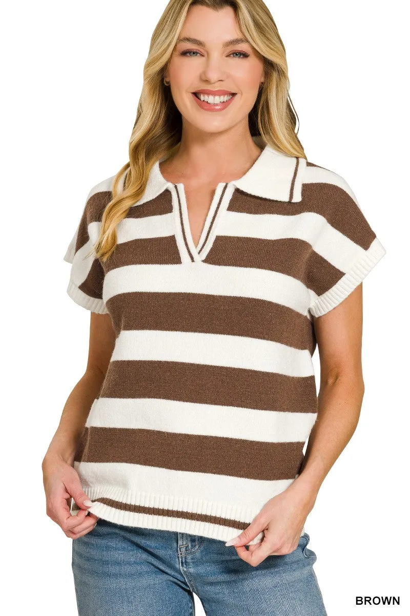 Zenana Striped Collared Short Sleeve Sweater sold by Charming Charlie