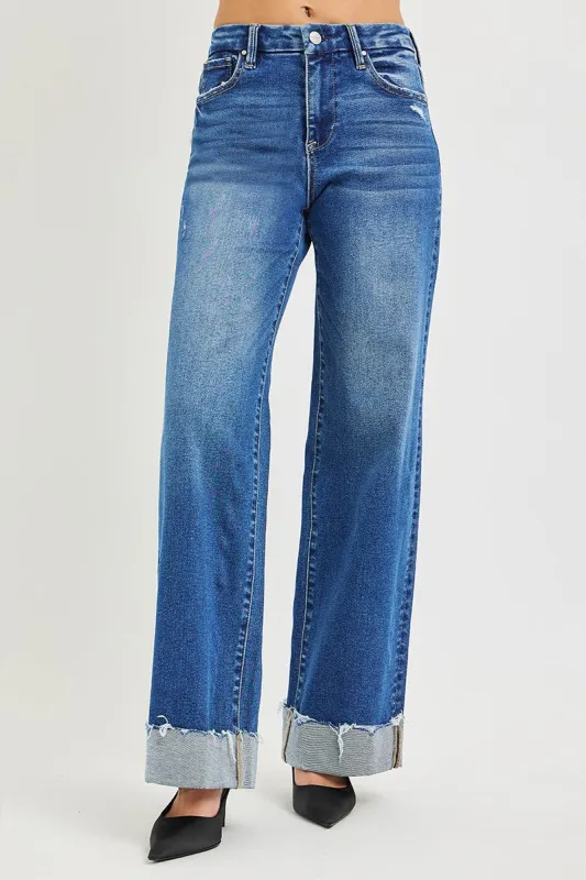 RISEN High Rise Wide Leg Jeans With Cuffed Hem made by Trendsi