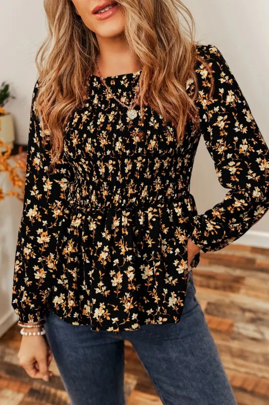 Floral Print Smocked Waist Long Sleeve Blouse made by Trendsi