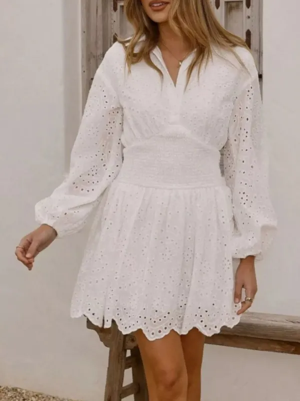 Eyelet Balloon Sleeve Mini Dress made by Trendsi