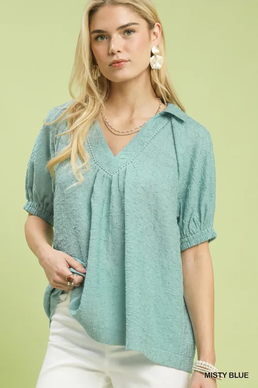 Umgee Textured Trim Detail Short Sleeve Top made by Trendsi