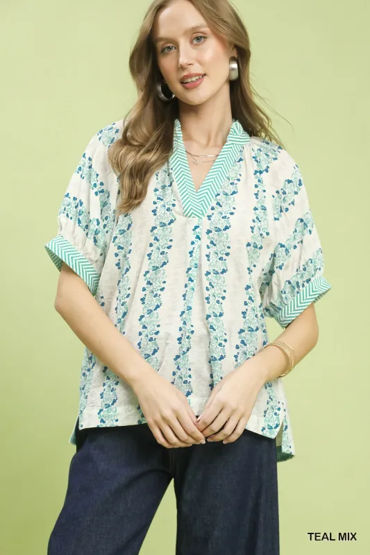 Umgee Mix Print Boho Blouse with Contrast Trim made by Trendsi