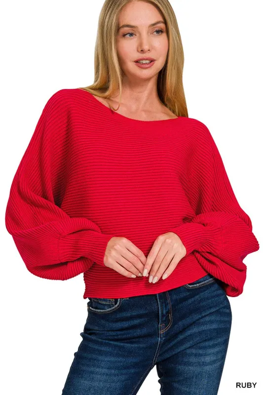 Zenana Boat Neck Balloon Sleeve Sweater made by Trendsi