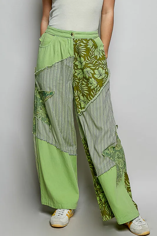 POL Striped Floral Patchwork Wide leg Pants with Side Big Star Patch made by Trendsi