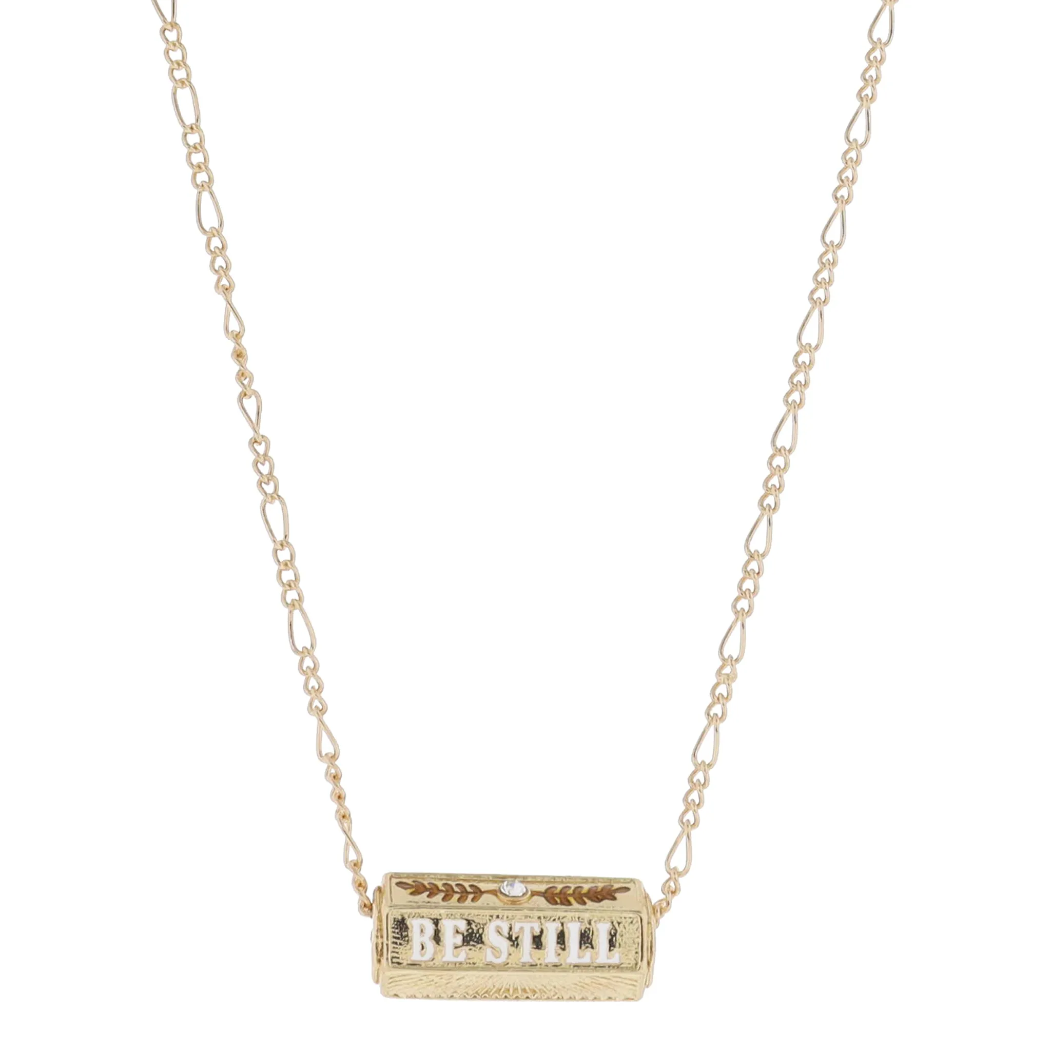 16" 6-Sided Cylinder Bar, Gold Greenery with Crystal, "BE STILL", Gold Starburst Necklace, 3" Ext sold by Charming Charlie