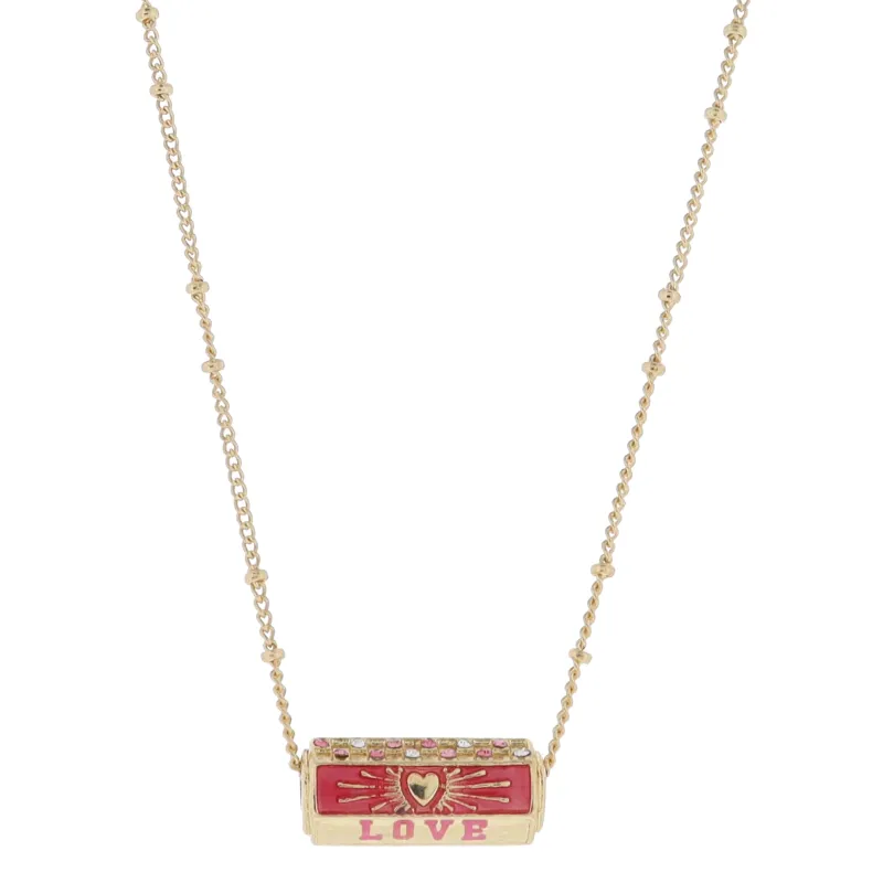 16" 6-Sided Cylinder Bar, Pink with Heart Burst, "LOVE", Pink Crystal Checkered Necklace, 3" Ext made by Charming Charlie