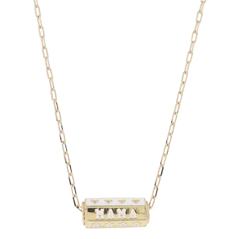 16" 6-Sided Cylinder Bar, White with Gold Hearts, "MAMA", Gold with White Flowers Necklace, 3" Ext made by Charming Charlie