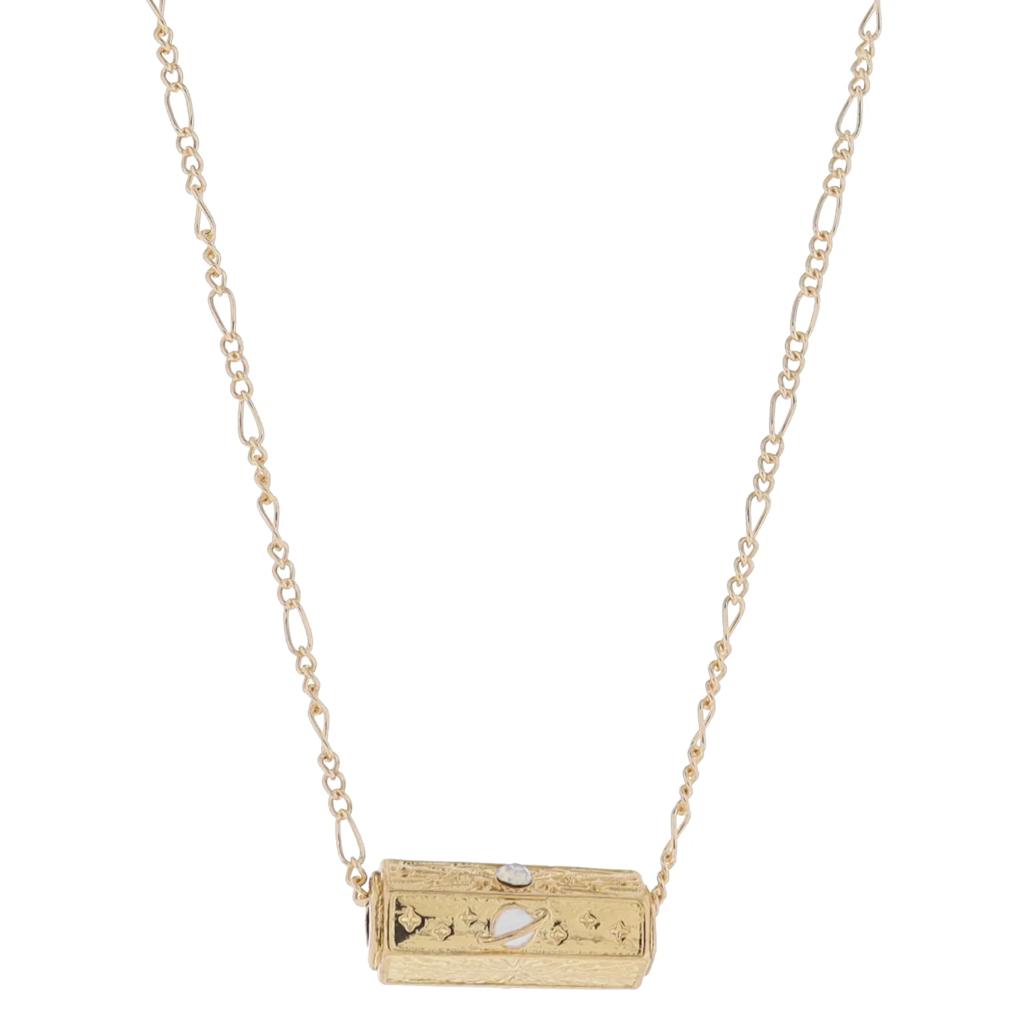 16" 6-Sided Cylinder Bar, Moonstone Crystal & Gold Stars, Gold Starburst, Planet Necklace, 3" Ext sold by Charming Charlie