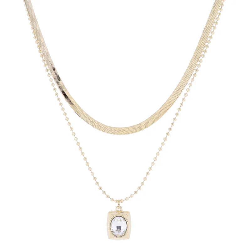 16", 18" 2 Strand Gold Herringbone Chain & Ball Chain with Rounded Rectangle & Crystal Necklace made by Charming Charlie