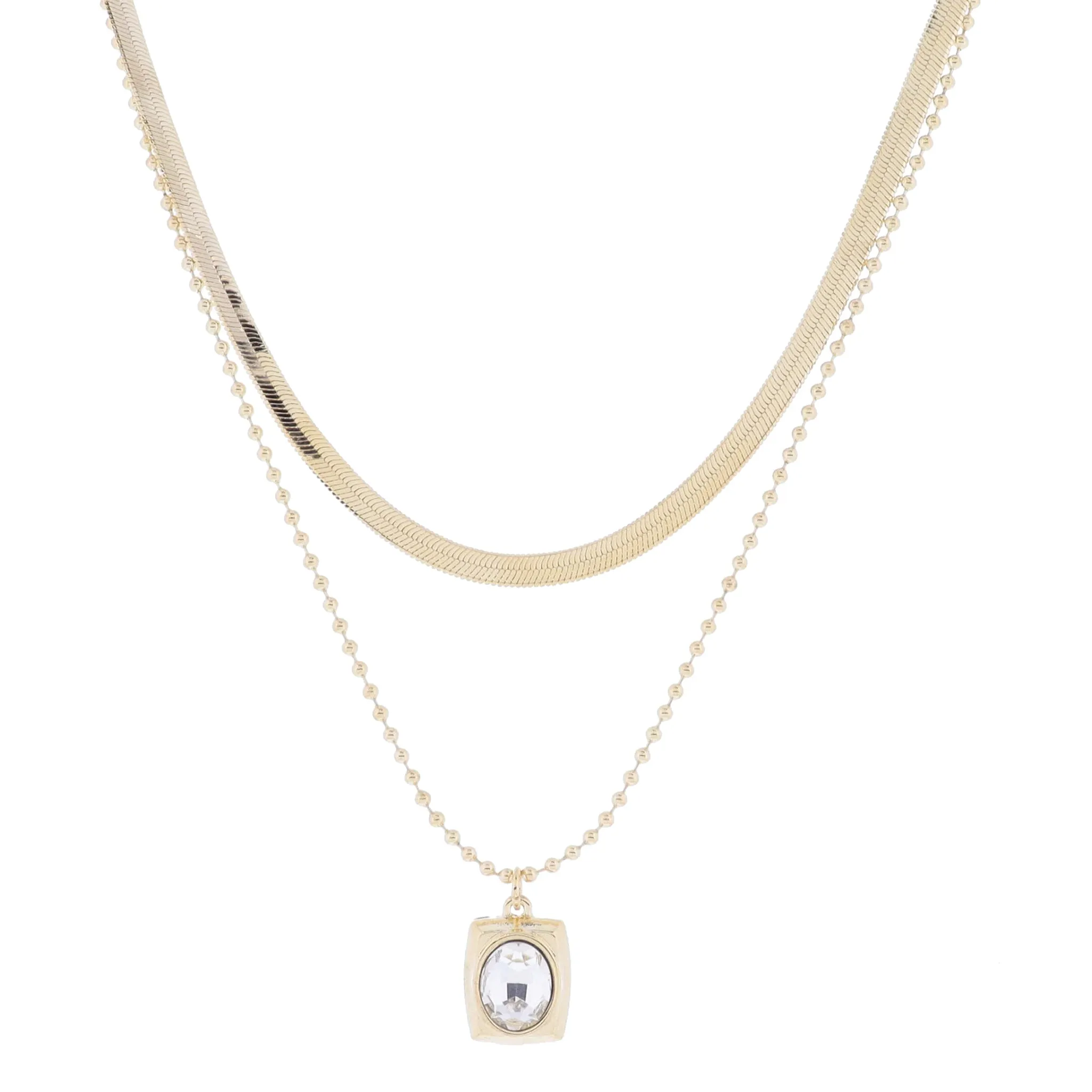 16", 18" 2 Strand Gold Herringbone Chain & Ball Chain with Rounded Rectangle & Crystal Necklace sold by Charming Charlie
