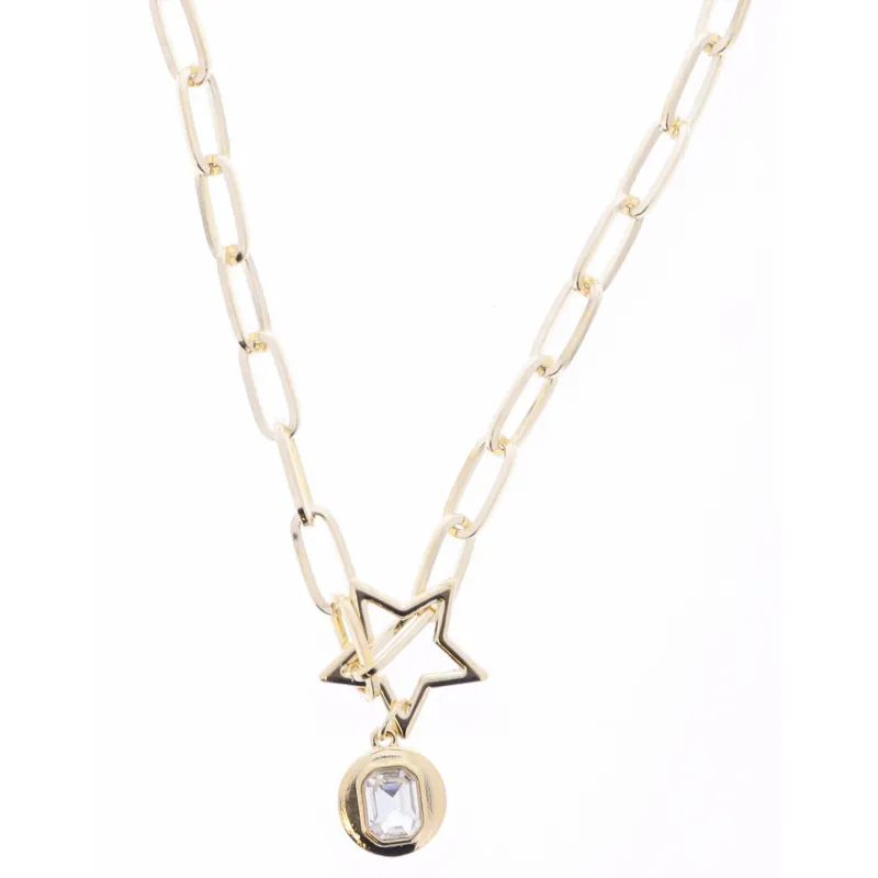 16" Gold Star Ring and Gold Disc with Clear Emerald Shaped Center Crystal Necklace made by Charming Charlie