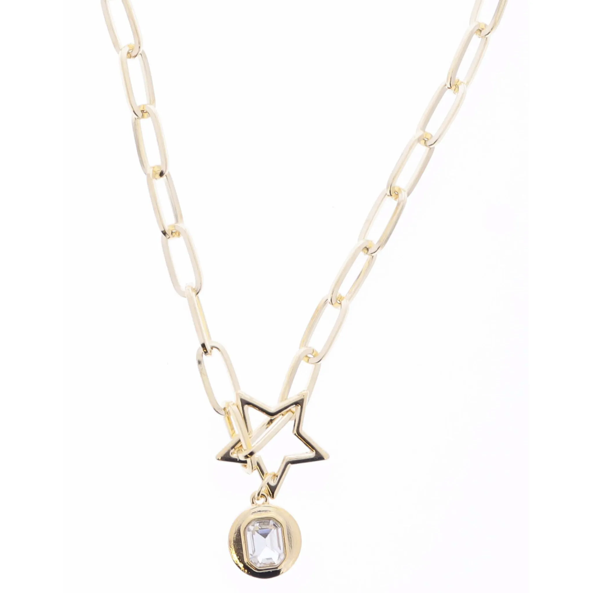 16" Gold Star Ring and Gold Disc with Clear Emerald Shaped Center Crystal Necklace sold by Charming Charlie