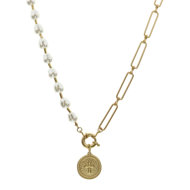 16" Chain & Pearl with Hammered Circle with Raised Cross Necklace, 3" Ext made by Charming Charlie