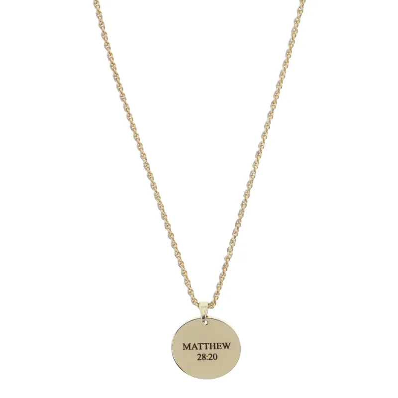 Shiny Gold Circle Disc with "MATTHEW 28:20" Necklace made by Charming Charlie