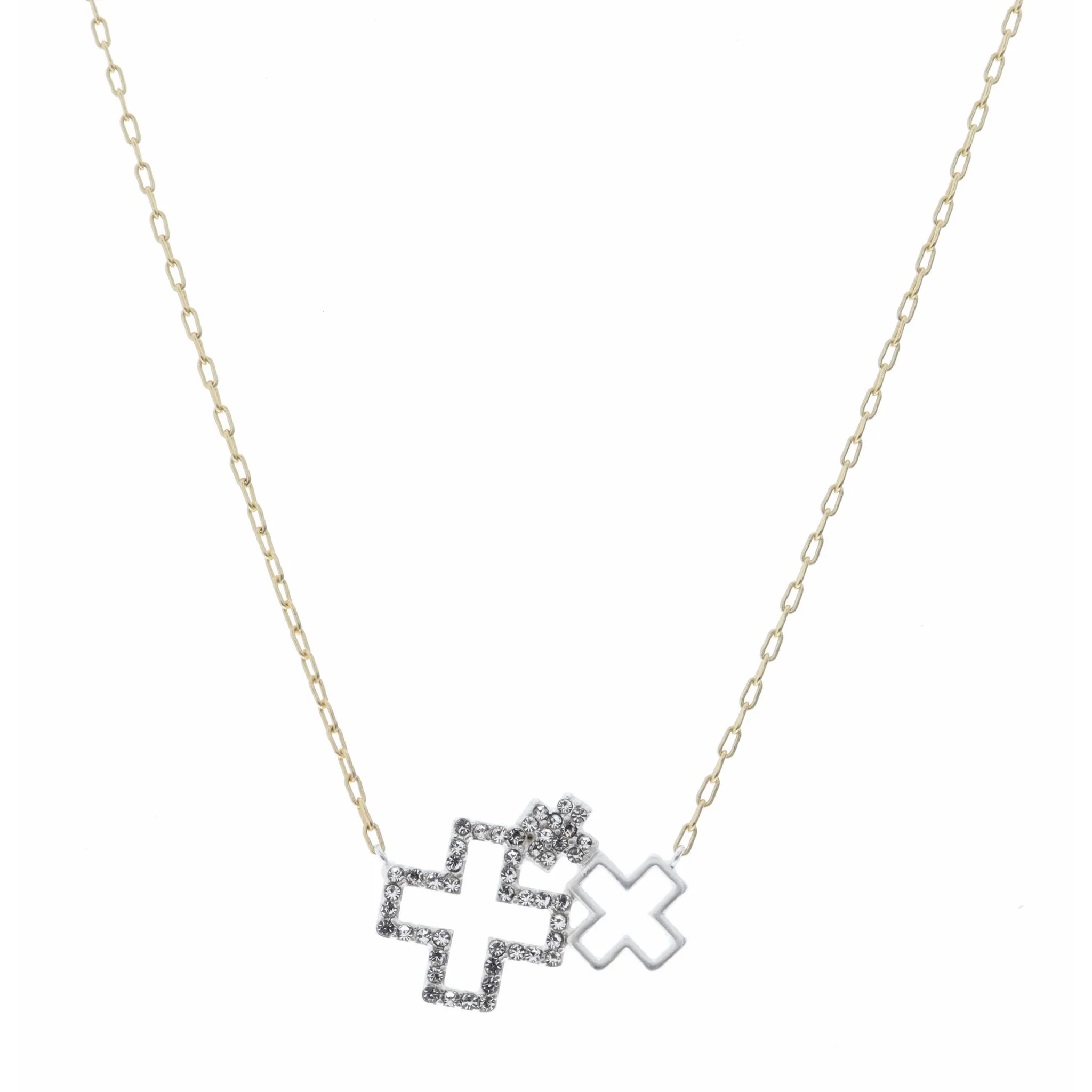 16" Two Tone, Open Cross, Small and Crystal Crosses Necklace, 3" Ext sold by Charming Charlie
