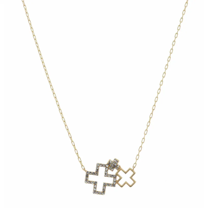16" Gold, Open Cross, Small and Crystal Crosses Necklace, 3" Ext made by Charming Charlie