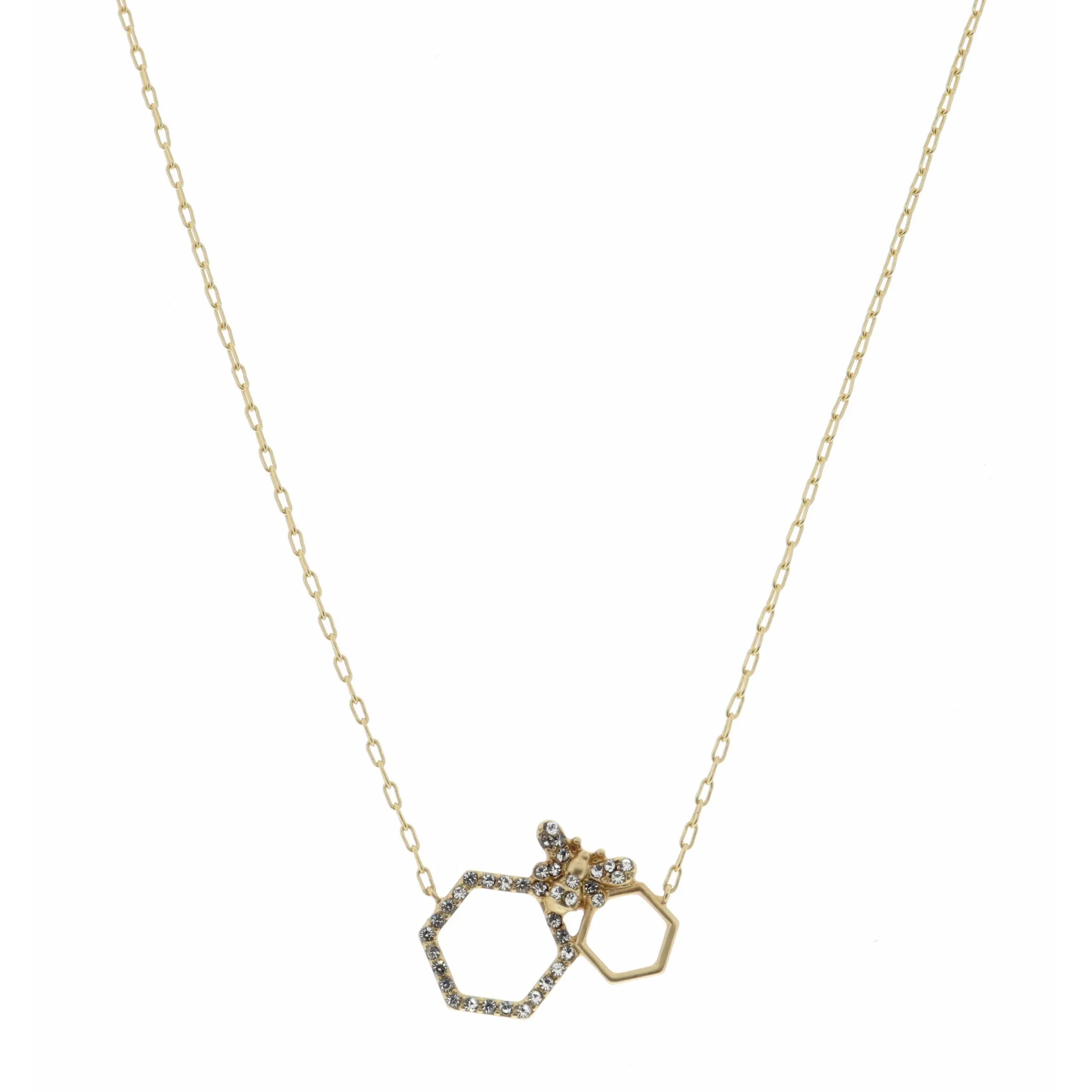 16" Gold, Open Hexagon, Small and Crystal Hexagons Necklace, 3" Ext sold by Charming Charlie