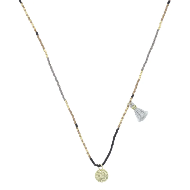 Gold, Taupe, Black, Grey Beaded with Grey Tassel and Gold Disc Necklace made by Charming Charlie