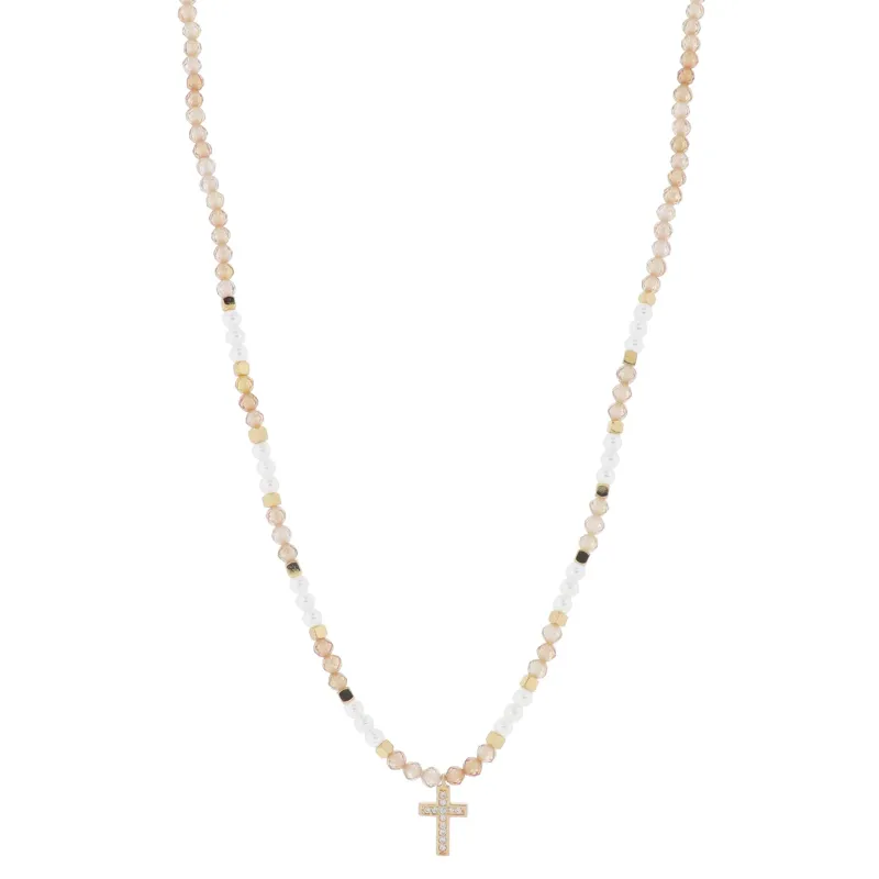 16" Champagne Faceted Sone Beaded with Pearls & Gold Beads with Crystal Cross Necklace, 3" Ext made by Charming Charlie