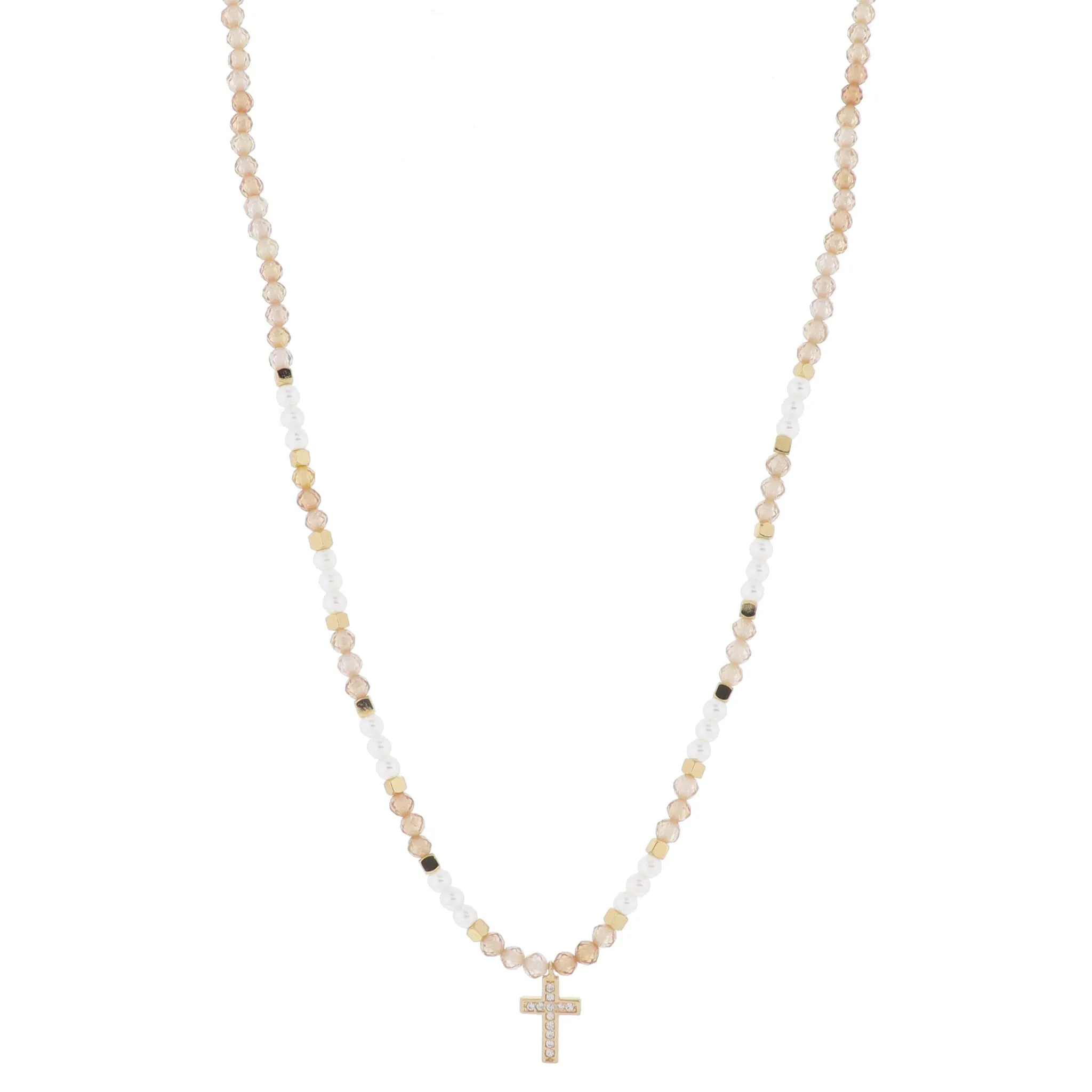 16" Champagne Faceted Sone Beaded with Pearls & Gold Beads with Crystal Cross Necklace, 3" Ext sold by Charming Charlie
