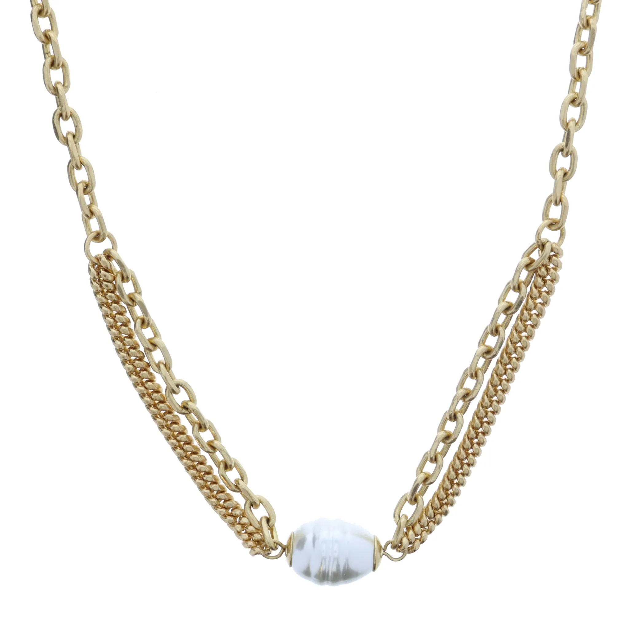 Gold Cable Chain with 2 Strand Cable and Curb Chain Portion and Chunky Pearl Necklace sold by Charming Charlie